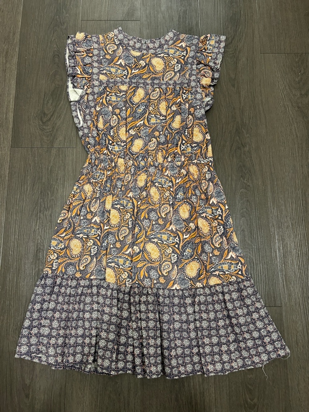 NWT Paisley Print Smocked Waist Flutter Sleeve Midi Dress - Navy and Orange